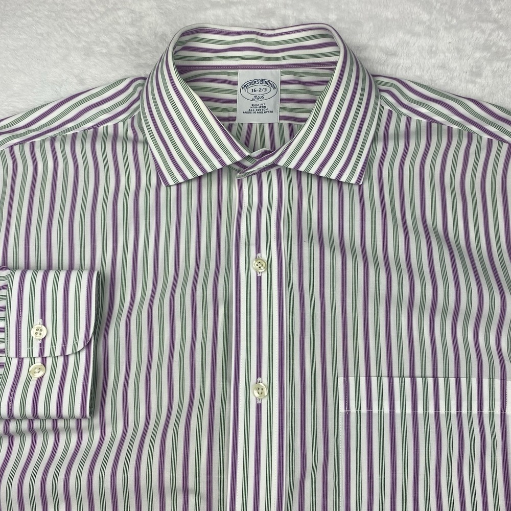 Brooks Brothers Dress Shirt Mens 16-2/3 Purple/Green Stripes Slim Fit No Iron